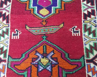 Long Handmade Wool Runner Persian Herki Rug Vibrant Geometric Carpet 60 Year Old Living Room Office Decor Hallway Stair Vintage Textile Art