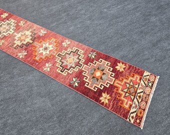 Vintage Turkish Wool Runner Rug: 2'x13' Handmade Dark Red Hallway Rug