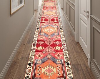 Antique Herki Runner Rug: Handwoven Wool Tribal Hallway Carpet – Geometric Design 3x13 Ft