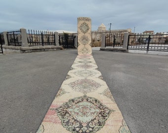 Handknotted Turkish Wool Runner Rug: 3x23 Cream White Hallway Rug