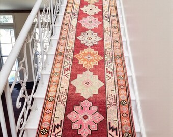 Tapete corredor turco vintage extra longo de 4,27 m (14 pés) com estampa geométrica floral (3x14 pés).