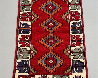Handwoven Wool Rug: Geometric Tribal Design, Red Orange Gray, 2'5" x 3'9"