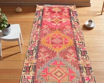 Vintage Turks loper: handgeweven wollen kelim, vervaagd roodoranje, 2 x 9 inch