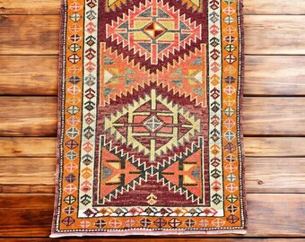 Vintage Herki-wollen vloerkleed loper: geometrisch Perzisch gangtapijt