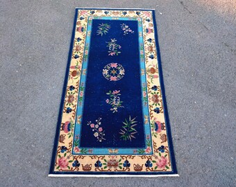 Vintage Turkish Blue Area Rug 2'11" x 5'9" Floral Wool Carpet, Handmade Runner Rug