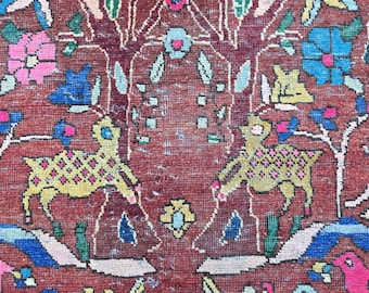 Tapete de caça vintage em lã: desenho pictórico, 1,24 m x 2,03 m