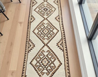 Old Tribal Kilim Runner 2x10 ft – Handwoven East Anatolian Turkish Kilim, Neutral Geometric Vintage Hallway Rug