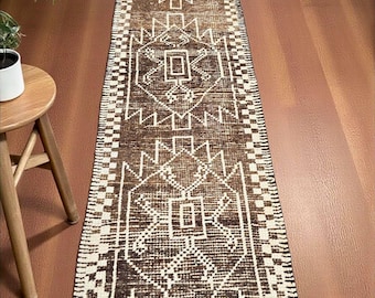 Handwoven Wool Runner Rug, Beige Brown Tribal Geometric, Moroccan Hallway Carpet 2'8"x10'6"