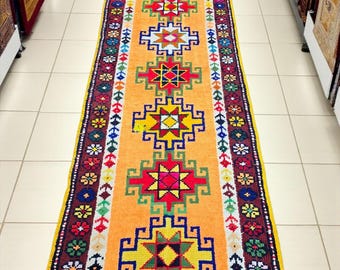 Vintage Turkish Wool Runner Rug: Colorful Boho Hallway Carpet, 2x9