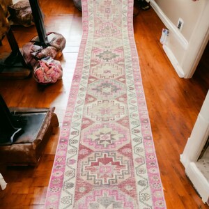 Handwoven Wool Runner Rug: Peach, Pink & Green Geometric Hallway Carpet