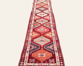 Vintage Turkish Red Wool Runner Rug: 2x14 Hallway Rug, Boho Geometric Carpet