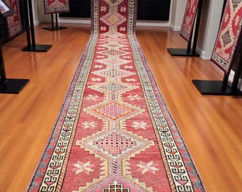 Vintage Turkish Runner Rug, 17 ft, Red Geometric Wool Carpet
