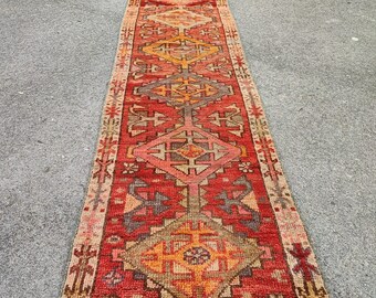 Vintage Herki Wool Runner Rug: 2x11 Red Geometric Afghan Rug