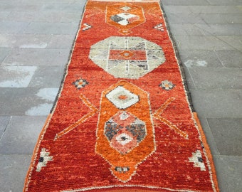 Handmade Wool Runner Rug: Orange Boho Hallway Rug, 3x9 ft