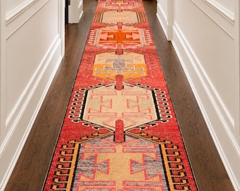 12 Ft Vintage Blue Turkish Runner Rug, Faded Tribal Wool Narrow Hallway Carpet