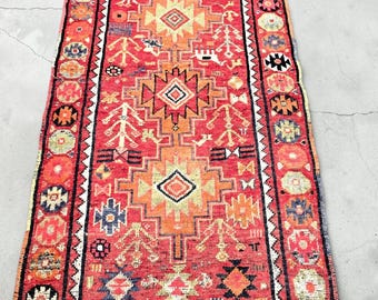 Antique Kurdish Rug 3x7 Red Tribal Area Rug Hand Knotted Vintage Wool Carpet