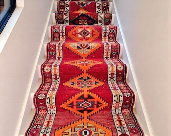 23 ft traploper vloerkleed vintage Turkse rode wollen loper geometrisch tribal haltapijt
