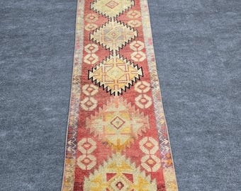 Turkish Tribal Vintage Runner Rug 2'2" x 10'  Handwoven Wool Anatolian Hallway Runner, Red Yellow Geometric