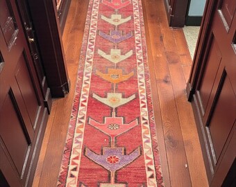 Vintage rood Turks loperkleed: handgemaakt wollen boho-haltapijt (2 x 13 ft.)