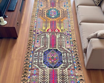 Vintage Oriental Tribal Runner Rug 2'11" x 10'9" – Handwoven Wool Geometric Hallway Runner, Bohemian Ethnic Decor
