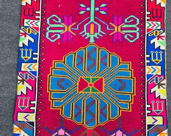 Vintage Turkish Runner Rug Pink Tribal Kilim 14 ft Extra Long Wool Hallway Carpet