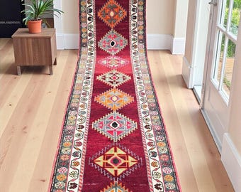 Authentic Vintage Turkish Wool Runner: Red, Rust Geometric Tribal Hallway Carpet Boho Entryway Rug