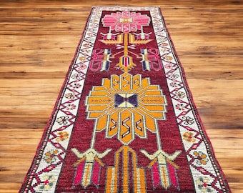 Vintage Herki Runner Rug: 2'11" x 13'8" Red Floral Wool Carpet