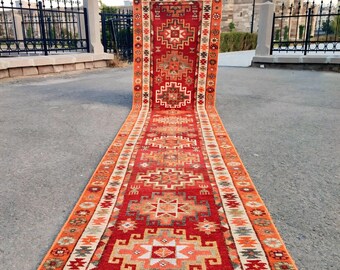 Muted Red Turkish Runner Rug: Vintage Wool Hallway Rug (3x10.2)