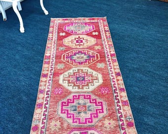 Vintage Herki Wool Runner Rug: 2'7" x 11'2", Pink Tribal Geometric Hallway Carpet