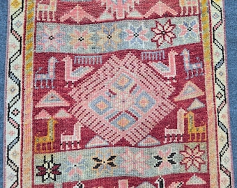 2x11 Vintage turkisk löparmatta, 6,2 x 28,2 cm rosa röd ullmatta till hallen, handknuten tribal löpare