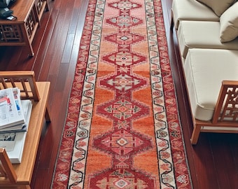 Vintage Turkish Runner Rug: 3x13 Red Orange Wool Herki Rug