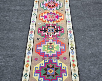 Türkischer Vintage Kelim Teppichläufer - 70x300, Handgewebter Tribal Teppich aus Wolle
