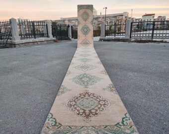 Light Pink Turkish Carpet Runner: Handmade Wool Bohemian Hallway Rug