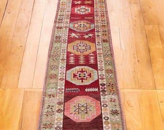Vintage Turkish Runner Rug: Handwoven Wool Tribal Hallway Carpet (3'x16'7")