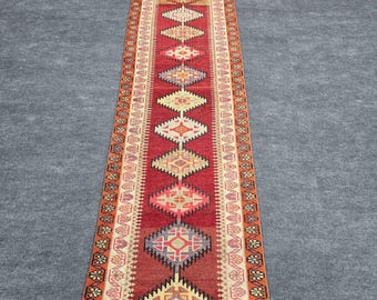 Vintage Turkish Runner Rug (2'8 x 12'), Handmade Wool Geometric Hallway Carpet