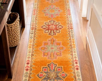 2x7 Vintage turkisk löparmatta 6,2 x 2,1 m, orange ulllöpare till hallen, handknuten tribal entrématta