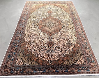 Hand-Knotted Wool Area Rug, 7x10 Hereke Style Floral Medallion, Traditional Beige Oushak Decor