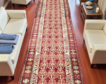 Vintage Turkish Runner Rug, Hand-Knotted Wool, Tribal Geometric Design