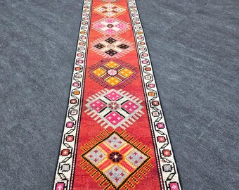 Vintage Red Turkish Runner Rug: 2x13 Wool Hallway Carpet