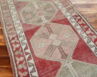 Vintage Handcrafted Wool Persian Runner Rug: Bohemian Geometric Hallway Carpet