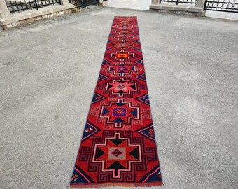 Extra Long Red Wool Runner Rug: Handwoven Turkish Tribal Hallway Carpet (2'9" x 21'5")
