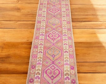 Vintage Turkish Runner Rug: Handmade Wool Hallway Rug, Geometric Boho Decor