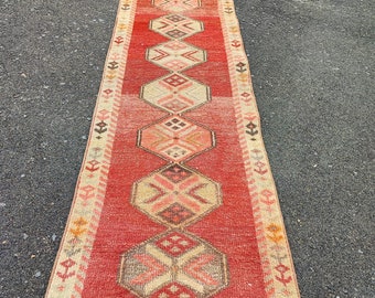 Vintage Turkish Runner Rug: 2'9" x 10' Red Wool Hallway Rug