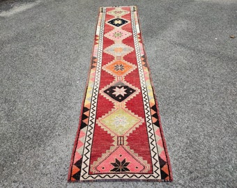 Red Wool Runner Rug: 2x12 Vintage Persian Boho Rug