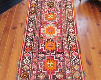 Vintage Kurdish Wool Rug: 4x7 Tribal Hallway Runner, Red Geometric Boho Decor