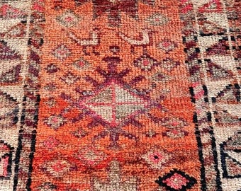 Handknotted Orange Runner Rug: Vintage Turkish Wool Hallway Carpet (2'7 x 11'11")