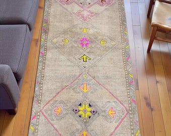 Extra Long Turkish Wool Runner Rug: Geometric Hallway Carpet (5'8" x 2'4")