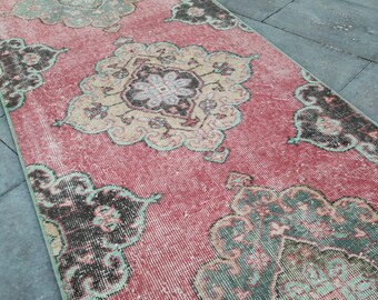 Extra Long Pink Turkish Runner Rug: Vintage Hallway Stair Rug (3x47 ft)