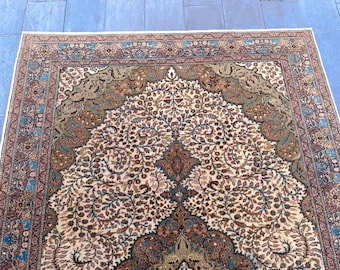 Hand-Knotted Wool Area Rug, 7x10 Hereke Style Floral Medallion, Traditional Beige Oushak Decor