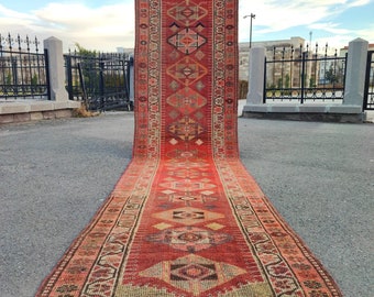 Handmade Wool Runner Rug: 3x13 Red Vintage Tribal Hallway Carpet